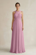 Cross Halter Chiffon A - Line Pleated Bridesmaid Dress in Vintage Mauve - SHE IS ME Bridesmaid Dresses