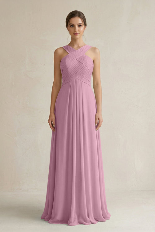 Cross Halter Chiffon A - Line Pleated Bridesmaid Dress in Vintage Mauve - SHE IS ME Bridesmaid Dresses