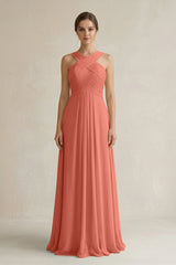 Cross Halter Chiffon A - Line Pleated Bridesmaid Dress in Wild Rose - KISS BRIDAL Bridesmaid Dresses