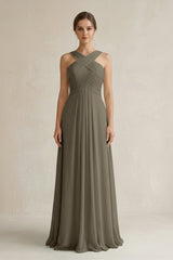 Cross Halter Chiffon A - Line Pleated Bridesmaid Dress in Willow Green - KISS BRIDAL Bridesmaid Dresses
