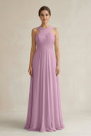 Cross Halter Chiffon A - Line Pleated Bridesmaid Dress in Wisteria - SHE IS ME Bridesmaid Dresses