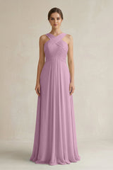 Cross Halter Chiffon A - Line Pleated Bridesmaid Dress in Wisteria - KISS BRIDAL Bridesmaid Dresses