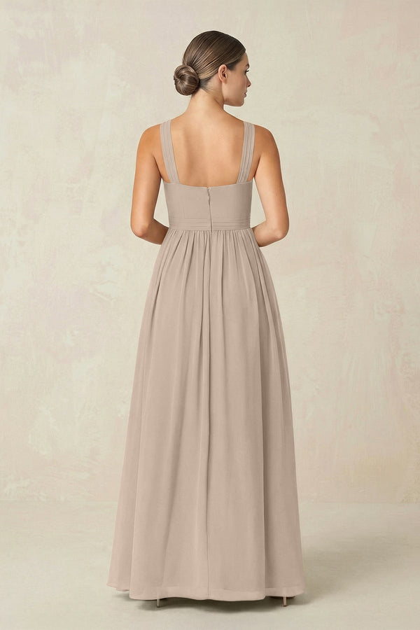 Cross Halter Neck Chiffon A-Line Bridesmaid Dress With Slit in Almond - SHE IS ME BRIDESMAID DRESSES