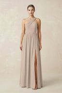 Cross Halter Neck Chiffon A-Line Bridesmaid Dress With Slit in Almond - SHE IS ME BRIDESMAID DRESSES