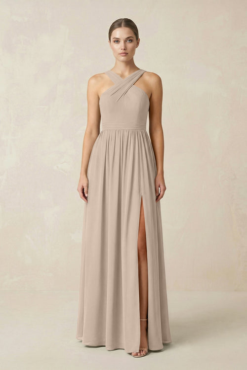 Cross Halter Neck Chiffon A-Line Bridesmaid Dress With Slit in Almond - SHE IS ME BRIDESMAID DRESSES