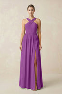 Cross Halter Neck Chiffon A-Line Bridesmaid Dress With Slit in Amethyst - SHE IS ME BRIDESMAID DRESSES