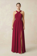 Cross Halter Neck Chiffon A-Line Bridesmaid Dress With Slit in Berry - SHE IS ME BRIDESMAID DRESSES