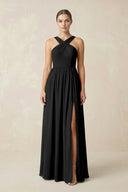 Cross Halter Neck Chiffon A-Line Bridesmaid Dress With Slit in Black - SHE IS ME BRIDESMAID DRESSES