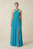 Cross Halter Neck Chiffon A-Line Bridesmaid Dress With Slit in Blue Jay - SHE IS ME BRIDESMAID DRESSES
