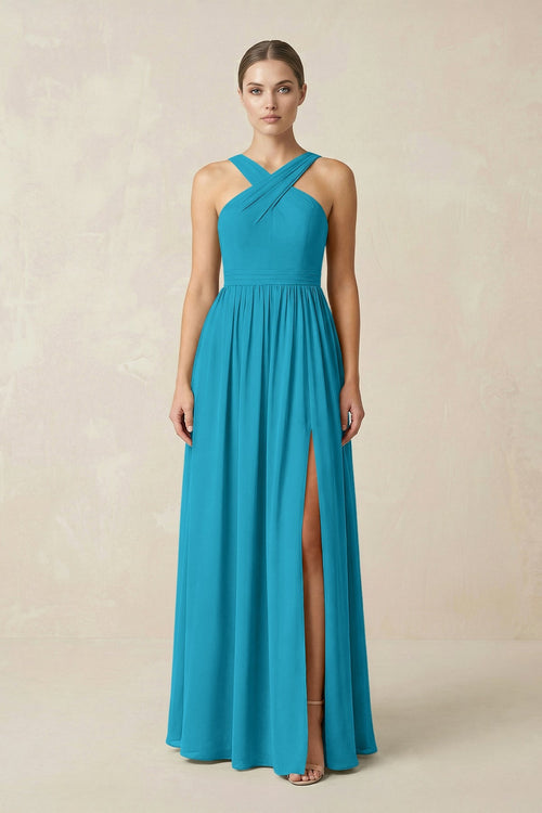 Cross Halter Neck Chiffon A-Line Bridesmaid Dress With Slit in Blue Jay - SHE IS ME BRIDESMAID DRESSES