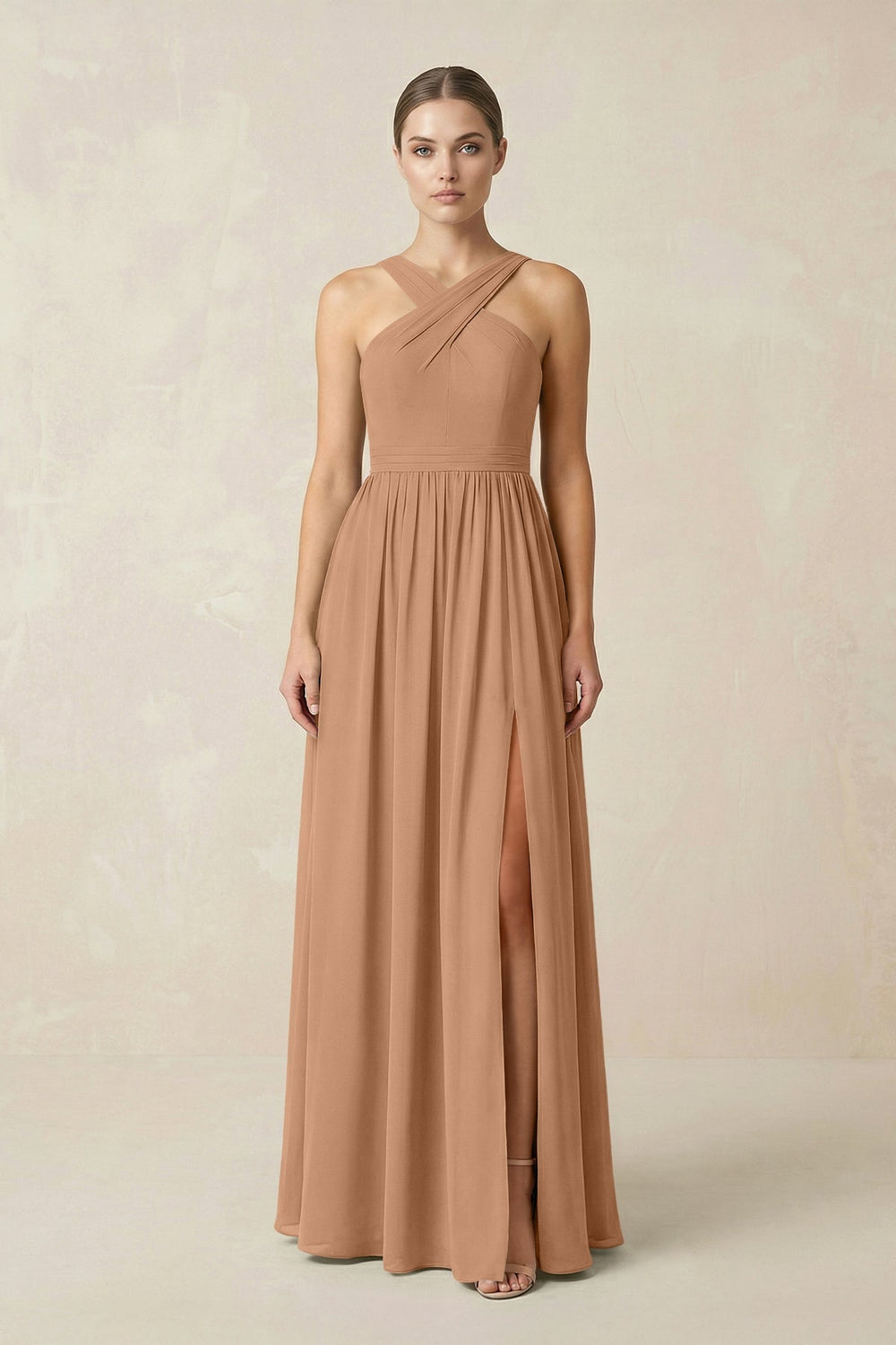 Cross Halter Neck Chiffon A-Line Bridesmaid Dress With Slit in Bronzer - KISS BRIDAL BRIDESMAID DRESSES