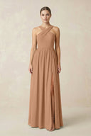 Cross Halter Neck Chiffon A-Line Bridesmaid Dress With Slit in Bronzer - SHE IS ME BRIDESMAID DRESSES
