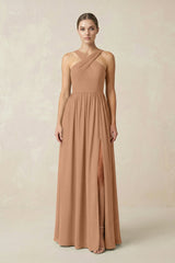 Cross Halter Neck Chiffon A-Line Bridesmaid Dress With Slit in Bronzer - KISS BRIDAL BRIDESMAID DRESSES