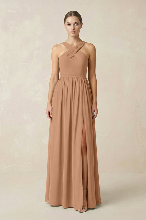 Cross Halter Neck Chiffon A-Line Bridesmaid Dress With Slit in Bronzer - SHE IS ME BRIDESMAID DRESSES