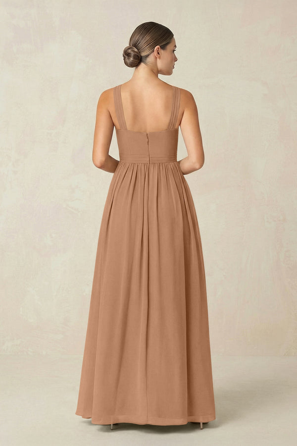Cross Halter Neck Chiffon A-Line Bridesmaid Dress With Slit in Bronzer - SHE IS ME BRIDESMAID DRESSES