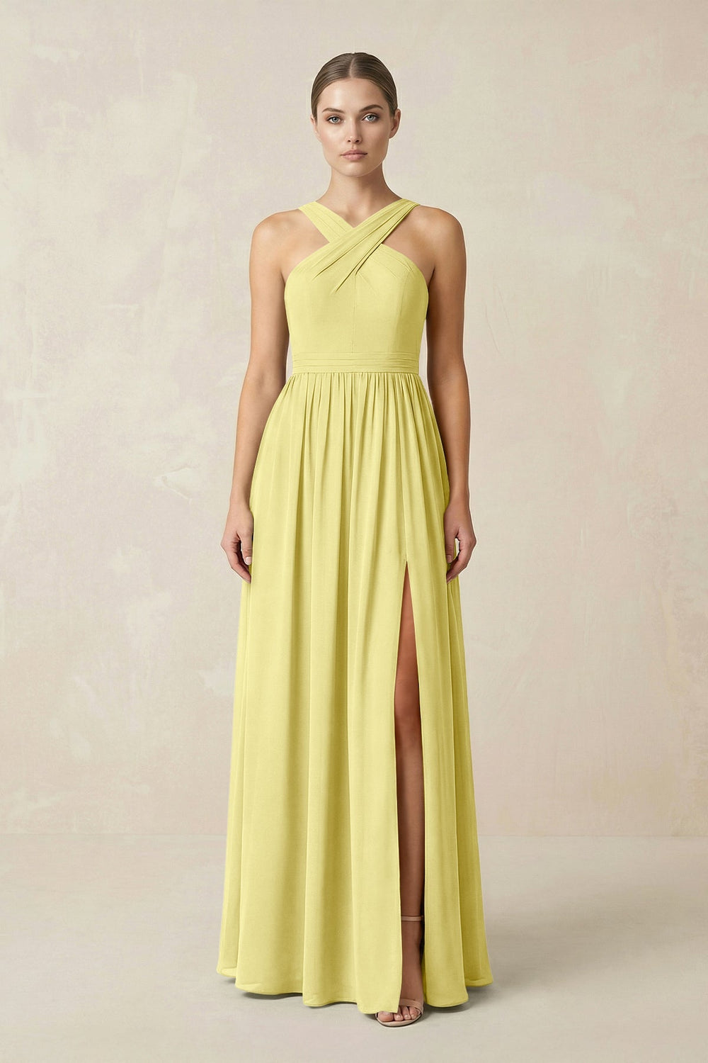 Cross Halter Neck Chiffon A-Line Bridesmaid Dress With Slit in Buttercup - KISS BRIDAL BRIDESMAID DRESSES