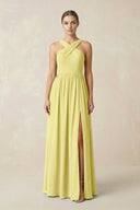 Cross Halter Neck Chiffon A-Line Bridesmaid Dress With Slit in Buttercup - SHE IS ME BRIDESMAID DRESSES