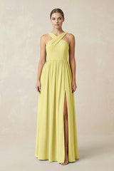 Cross Halter Neck Chiffon A-Line Bridesmaid Dress With Slit in Buttercup - KISS BRIDAL BRIDESMAID DRESSES