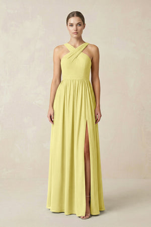 Cross Halter Neck Chiffon A-Line Bridesmaid Dress With Slit in Buttercup - SHE IS ME BRIDESMAID DRESSES