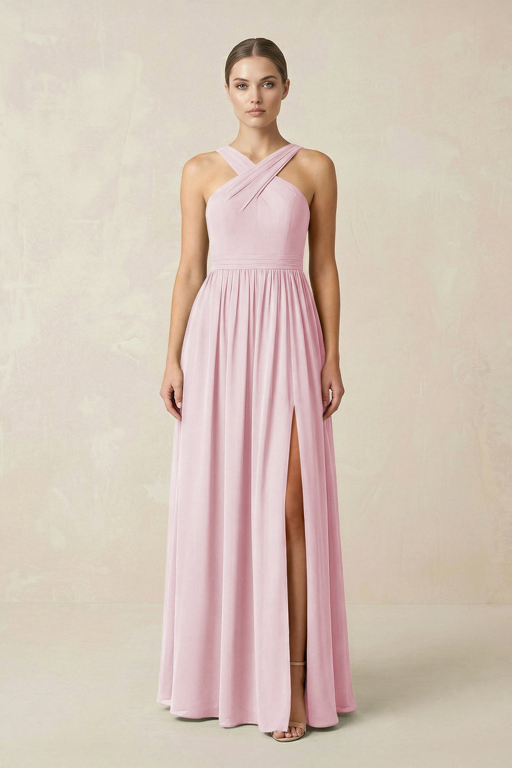 Cross Halter Neck Chiffon A-Line Bridesmaid Dress With Slit in Candy Pink - KISS BRIDAL BRIDESMAID DRESSES