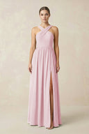 Cross Halter Neck Chiffon A-Line Bridesmaid Dress With Slit in Candy Pink - SHE IS ME BRIDESMAID DRESSES