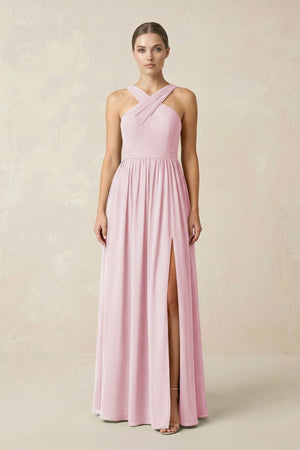 Cross Halter Neck Chiffon A-Line Bridesmaid Dress With Slit in Candy Pink - SHE IS ME BRIDESMAID DRESSES