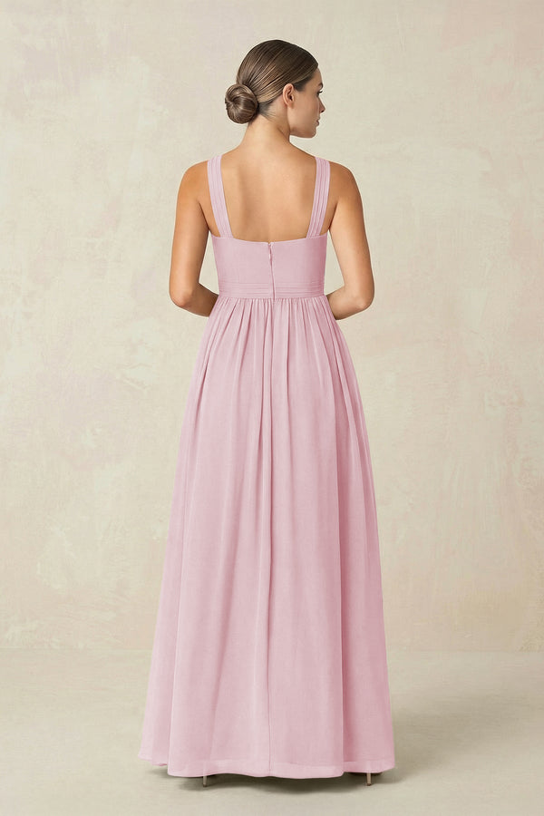 Cross Halter Neck Chiffon A-Line Bridesmaid Dress With Slit in Candy Pink - SHE IS ME BRIDESMAID DRESSES