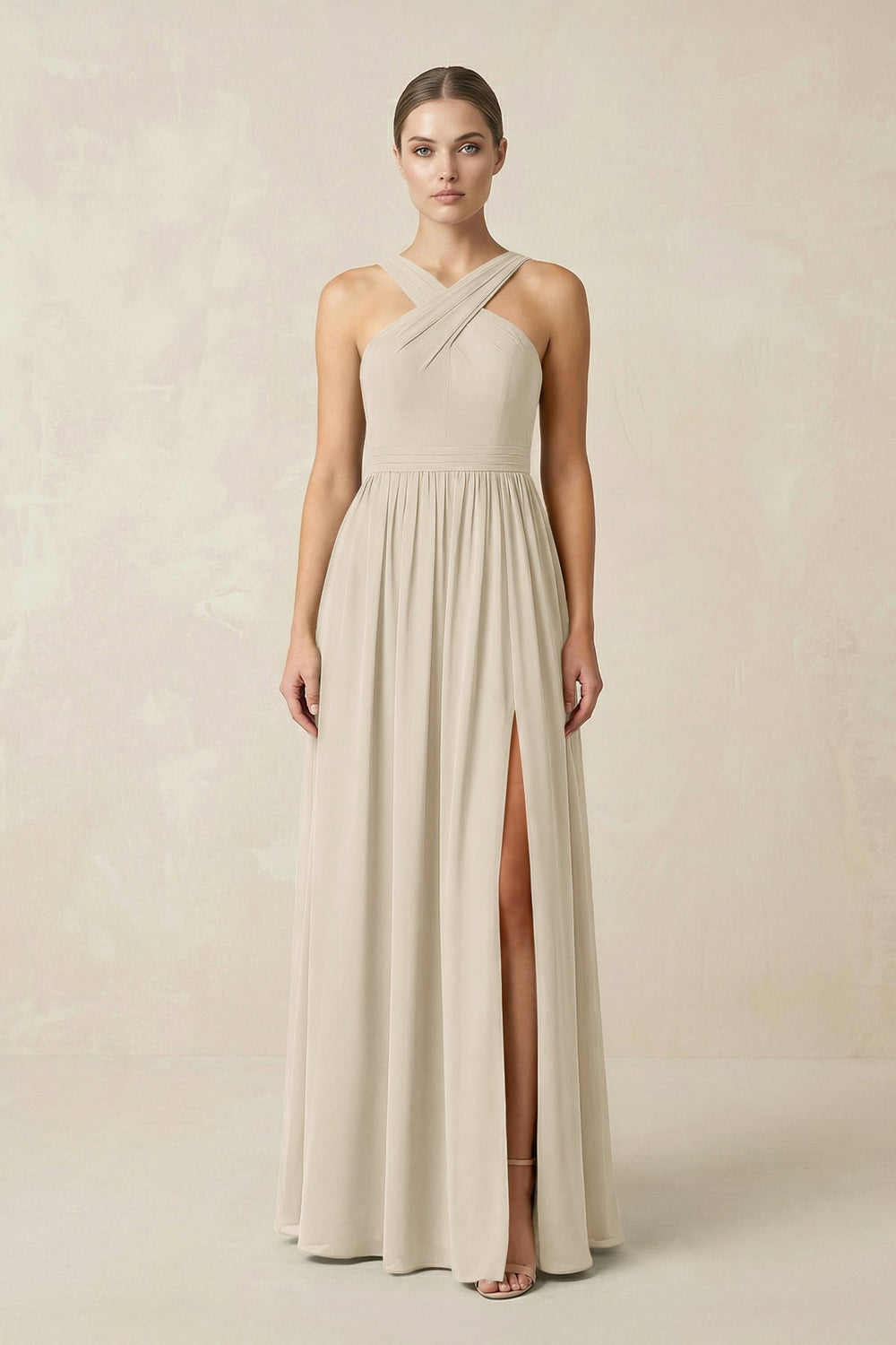 Cross Halter Neck Chiffon A-Line Bridesmaid Dress With Slit in Champagne - KISS BRIDAL BRIDESMAID DRESSES