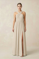 Cross Halter Neck Chiffon A-Line Bridesmaid Dress With Slit in Champagne - SHE IS ME BRIDESMAID DRESSES