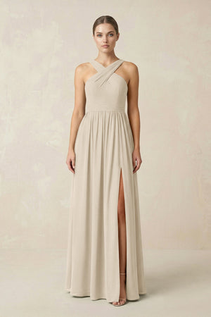 Cross Halter Neck Chiffon A-Line Bridesmaid Dress With Slit in Champagne - SHE IS ME BRIDESMAID DRESSES
