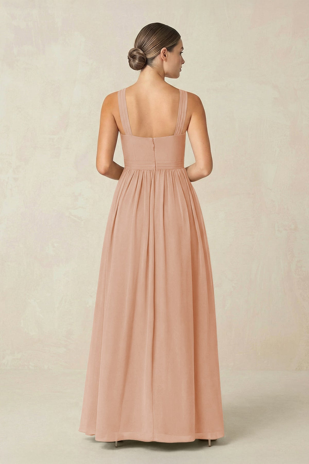 Cross Halter Neck Chiffon A-Line Bridesmaid Dress With Slit in Champagne Rose - KISS BRIDAL BRIDESMAID DRESSES