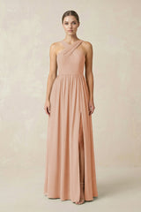 Cross Halter Neck Chiffon A-Line Bridesmaid Dress With Slit in Champagne Rose - KISS BRIDAL BRIDESMAID DRESSES