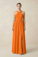 Cross Halter Neck Chiffon A-Line Bridesmaid Dress With Slit in Cinnamon - SHE IS ME BRIDESMAID DRESSES