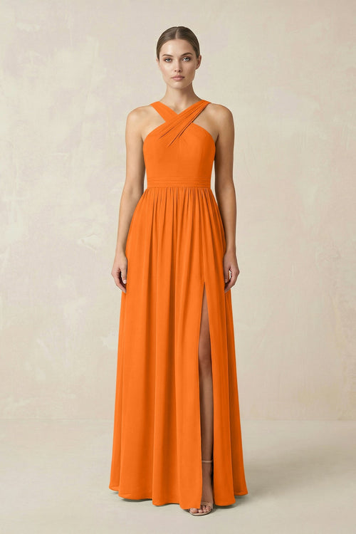 Cross Halter Neck Chiffon A-Line Bridesmaid Dress With Slit in Cinnamon - SHE IS ME BRIDESMAID DRESSES