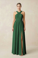 Cross Halter Neck Chiffon A-Line Bridesmaid Dress With Slit in Dark Green - SHE IS ME BRIDESMAID DRESSES