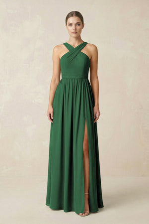 Cross Halter Neck Chiffon A-Line Bridesmaid Dress With Slit in Dark Green - SHE IS ME BRIDESMAID DRESSES