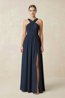 Cross Halter Neck Chiffon A-Line Bridesmaid Dress With Slit in Dark Navy - SHE IS ME BRIDESMAID DRESSES