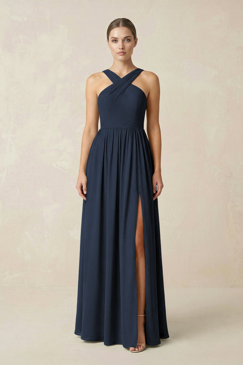 Cross Halter Neck Chiffon A-Line Bridesmaid Dress With Slit in Dark Navy - SHE IS ME BRIDESMAID DRESSES