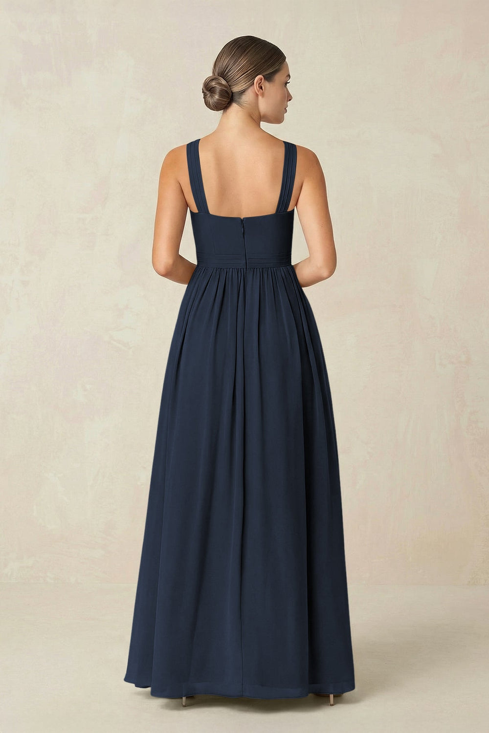 Cross Halter Neck Chiffon A-Line Bridesmaid Dress With Slit in Dark Navy - KISS BRIDAL BRIDESMAID DRESSES