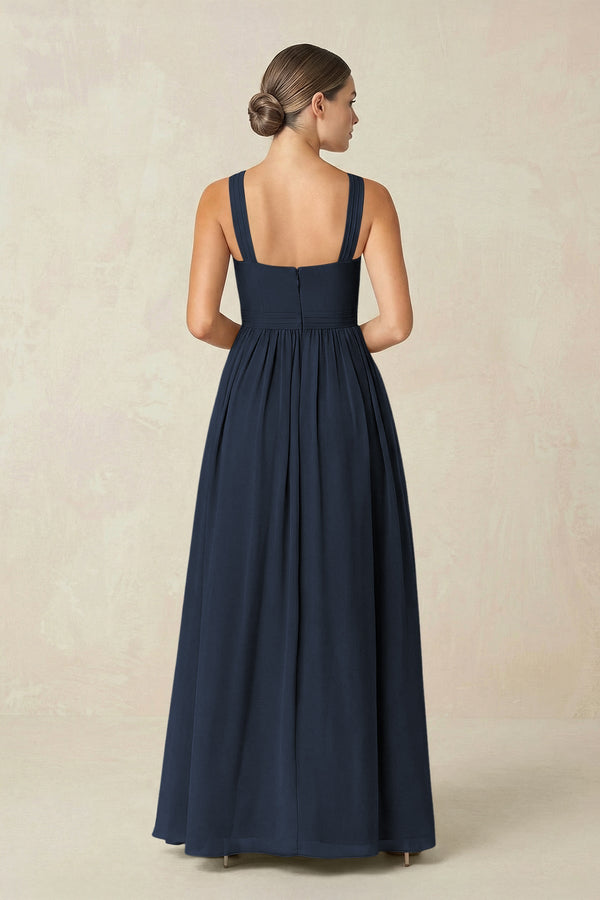 Cross Halter Neck Chiffon A-Line Bridesmaid Dress With Slit in Dark Navy - SHE IS ME BRIDESMAID DRESSES