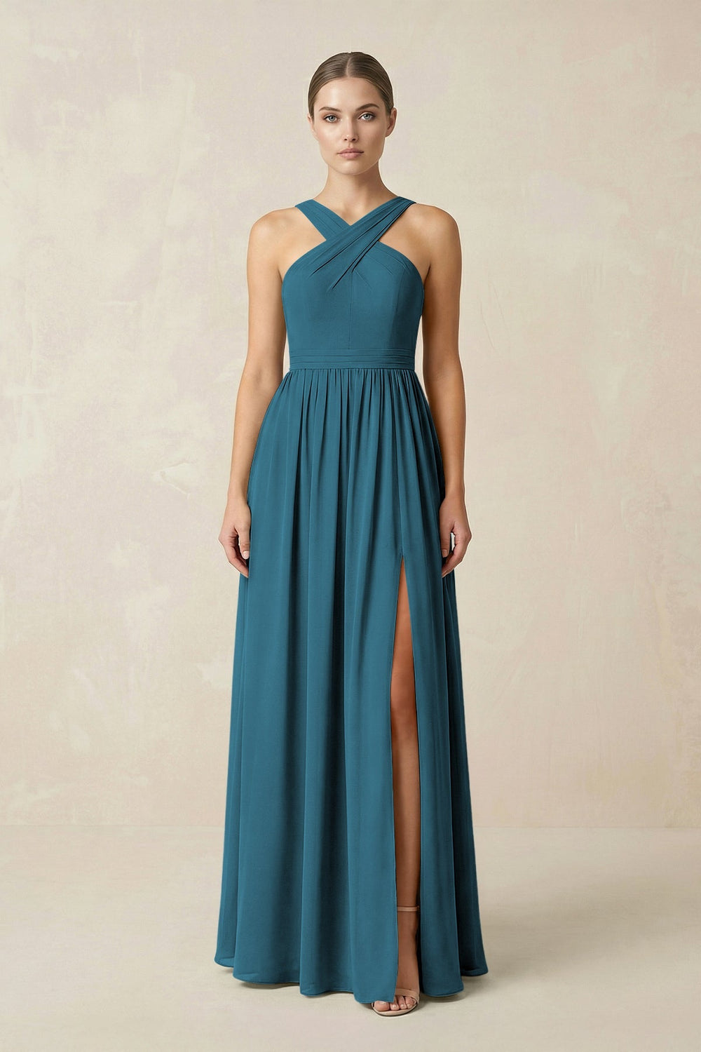 Cross Halter Neck Chiffon A-Line Bridesmaid Dress With Slit in Dark Teal - KISS BRIDAL BRIDESMAID DRESSES