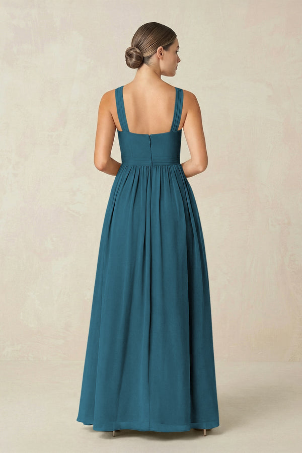 Cross Halter Neck Chiffon A-Line Bridesmaid Dress With Slit in Dark Teal - SHE IS ME BRIDESMAID DRESSES