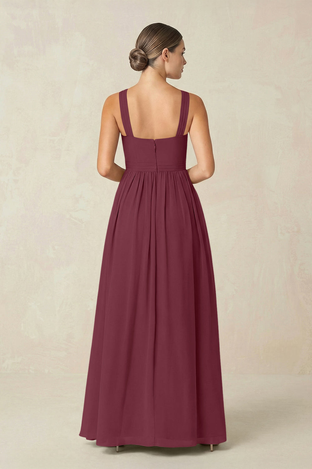 Cross Halter Neck Chiffon A-Line Bridesmaid Dress With Slit in Desert Rose