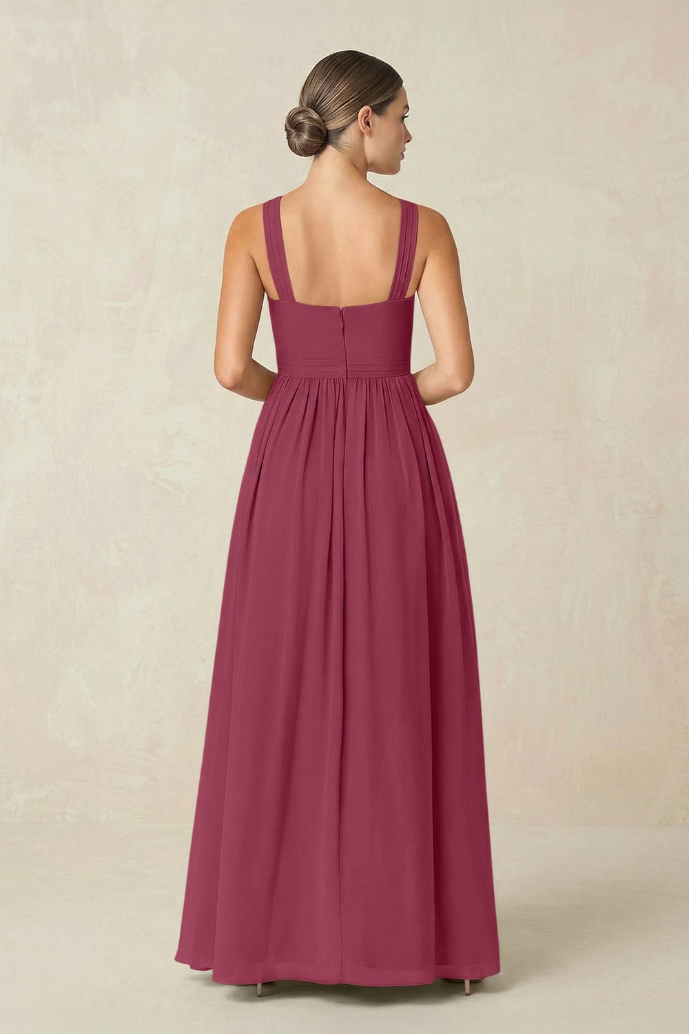 Cross Halter Neck Chiffon A-Line Bridesmaid Dress With Slit in Desert Rose - KISS BRIDAL BRIDESMAID DRESSES