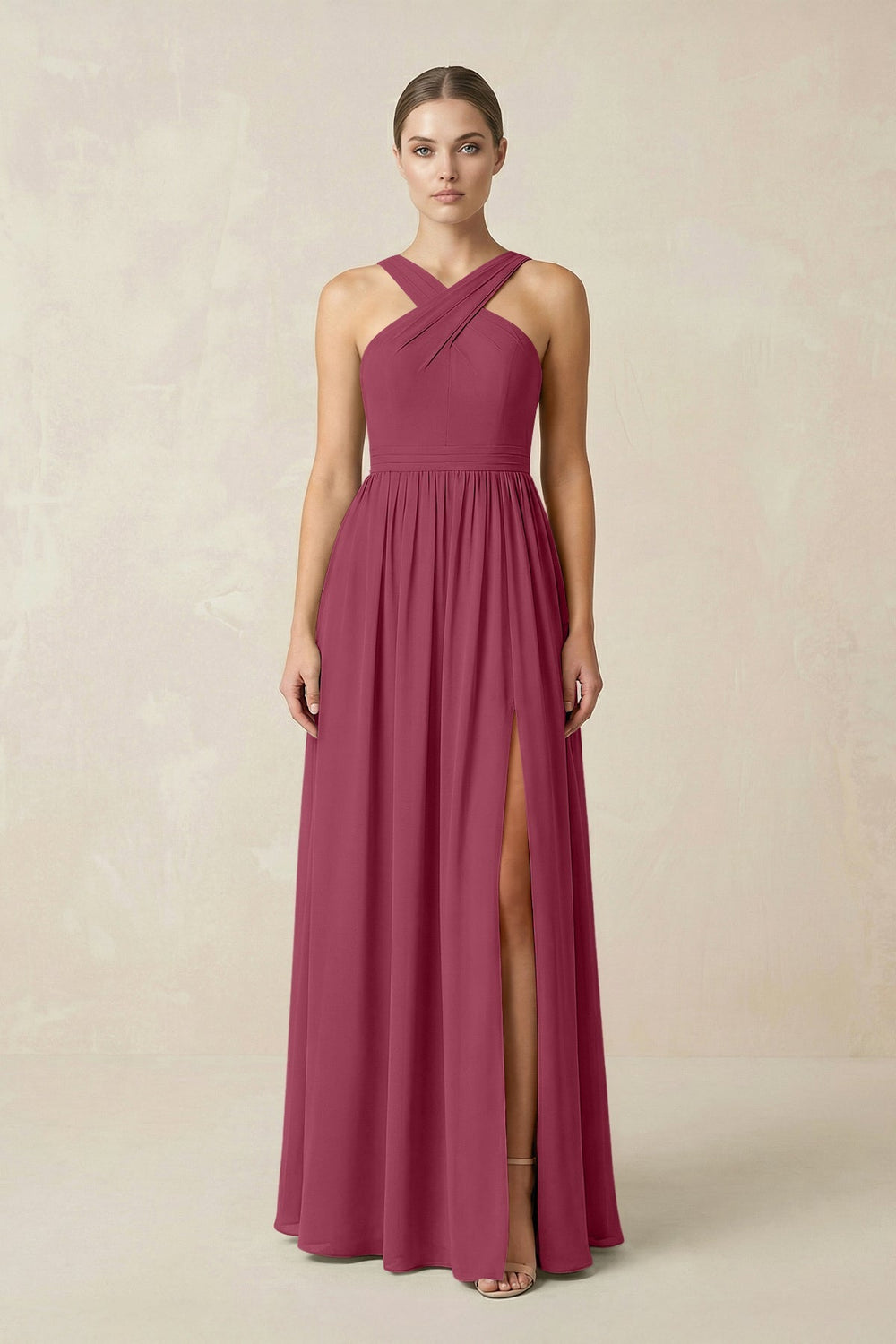 Cross Halter Neck Chiffon A-Line Bridesmaid Dress With Slit in Desert Rose - KISS BRIDAL BRIDESMAID DRESSES