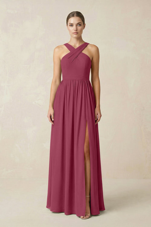 Cross Halter Neck Chiffon A-Line Bridesmaid Dress With Slit in Desert Rose - SHE IS ME BRIDESMAID DRESSES
