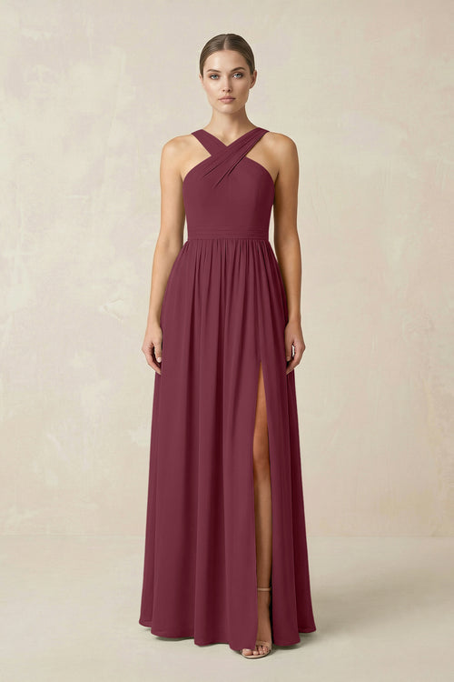 Cross Halter Neck Chiffon A-Line Bridesmaid Dress With Slit in Desert Rose | KISSBRIDAL
