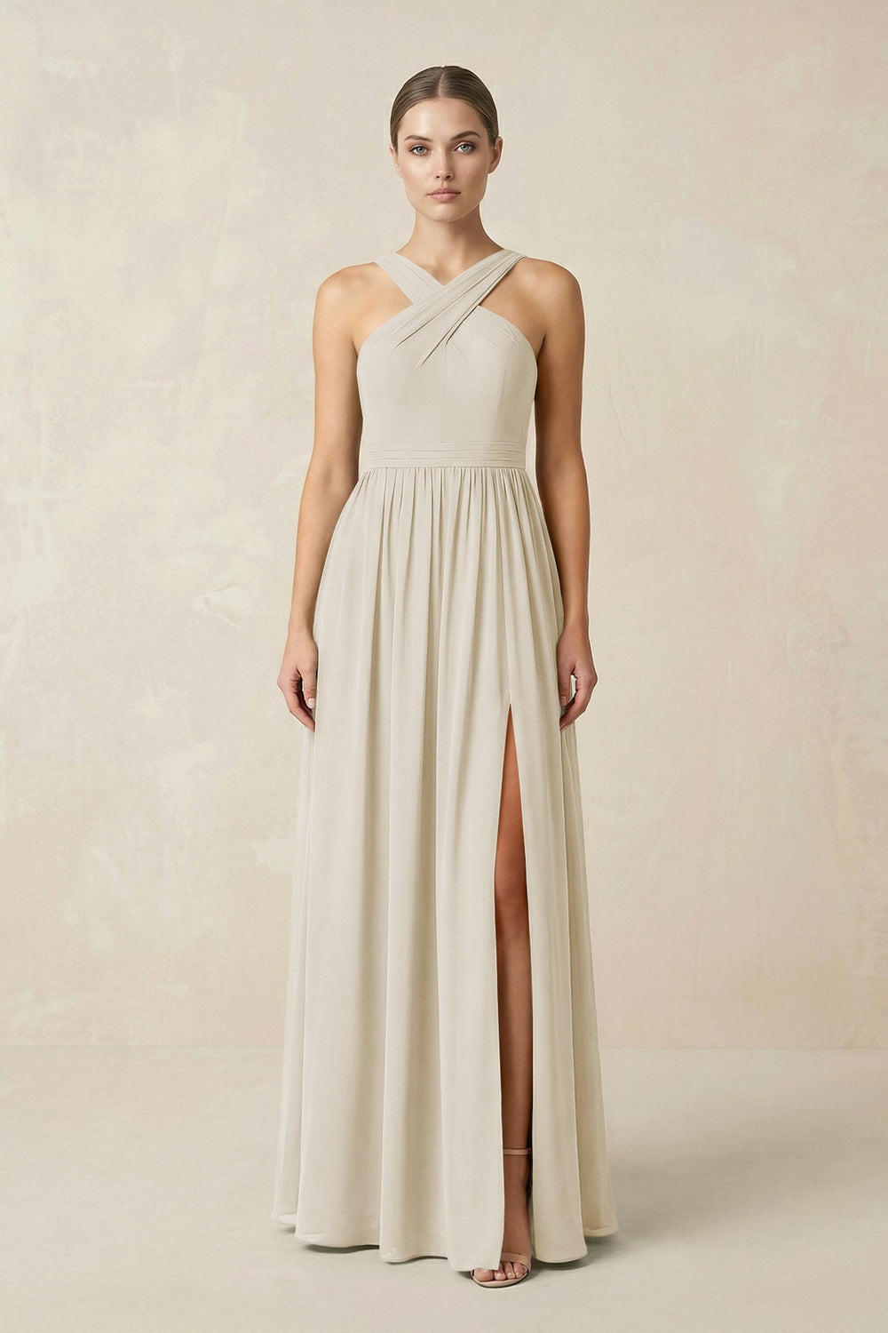 Cross Halter Neck Chiffon A-Line Bridesmaid Dress With Slit in Dove Gray - KISS BRIDAL BRIDESMAID DRESSES