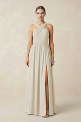 Cross Halter Neck Chiffon A-Line Bridesmaid Dress With Slit in Dove Gray - KISS BRIDAL BRIDESMAID DRESSES