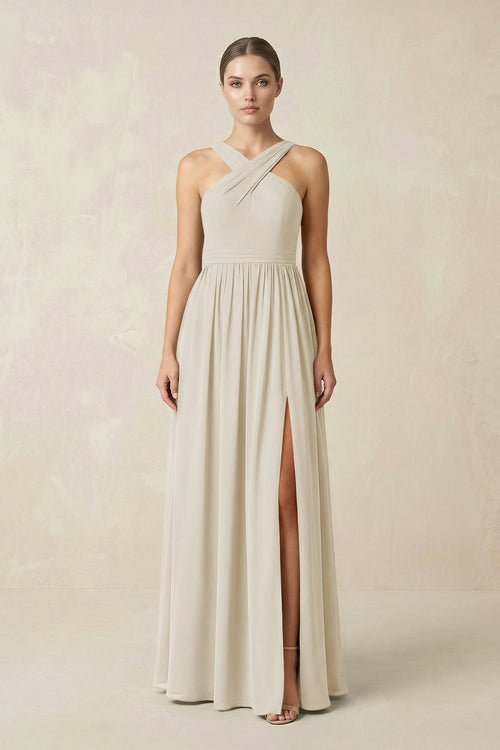 Cross Halter Neck Chiffon A-Line Bridesmaid Dress With Slit in Dove Gray - SHE IS ME BRIDESMAID DRESSES